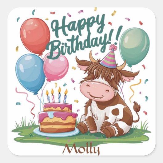 Sticker Carré Highland Cow Joyeux anniversaire (Devant)