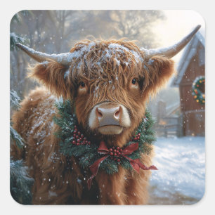Sticker Carré Highland Cow Rustic Barnyard Noël