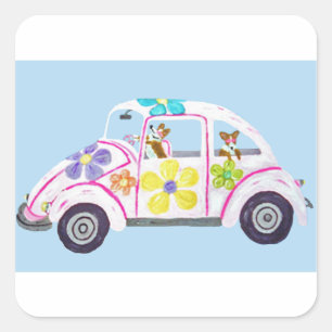 Sticker Carré Hippie Welsh Corgis dans leur voiture d'amour Flow