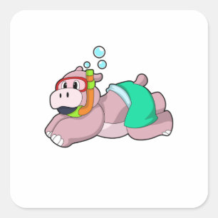 Sticker Carré Hippo à la plongée avec tuba