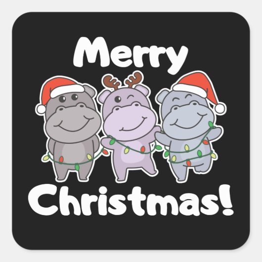 Sticker Carré Hippo Animaux de Noël mignons Hippopotames Joyeux  (Devant)