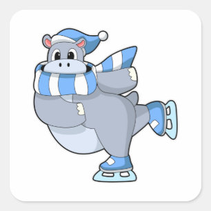 Sticker Carré Hippo au patinage sur glace avec patins sur glace