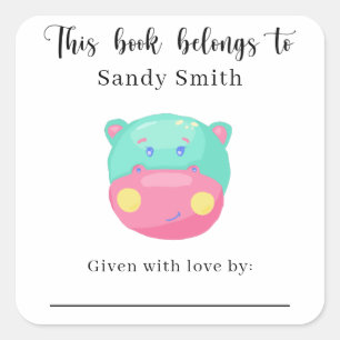 Sticker Carré Hippo - Ce livre appartient avec message