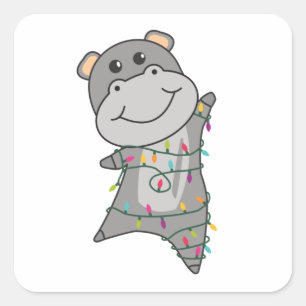 Sticker Carré Hippo Joyeux Noël Animaux d'hiver Hippopotames