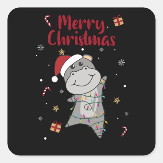 Sticker Carré Hippo Merry Christmas Winter Animals Hippos (Devant)