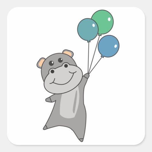 Sticker Carré Hippo Mouches Avec Ballons Animaux Sucrés Pour (Devant)