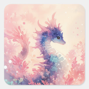 Sticker Carré Hippocampe à l'aquarelle violet et turquoise éthér
