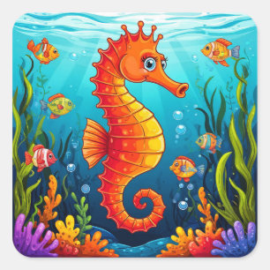 Sticker Carré Hippocampe Récif de corail Océan Vie marine Animal