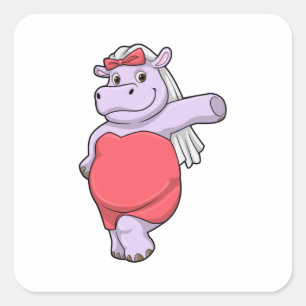 Sticker Carré Hippopotame en mariée avec voile et nœud