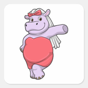 Sticker Carré Hippopotame en mariée avec voile et nœud