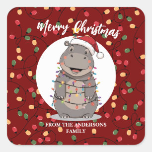 Sticker Carré Hippopotame mignon arbre de Noël animal de zoo Noë
