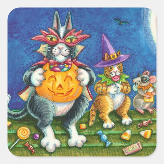 STICKER CARRÉ HISS N'FITZ CHATS, TRICK OU TRAITER FUNNY HALLOWEE (Devant)