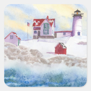 Sticker Carré Hiver à Nubble LIghthouse dans le Maine Sticke Car