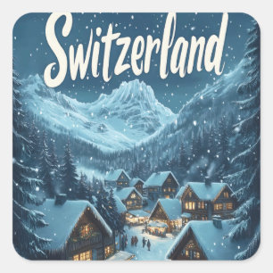 Sticker Carré Hiver en Suisse : Scène de village de montagne