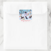 Sticker Carré Hiver Fun Ski Labradors Peinture (Sac)