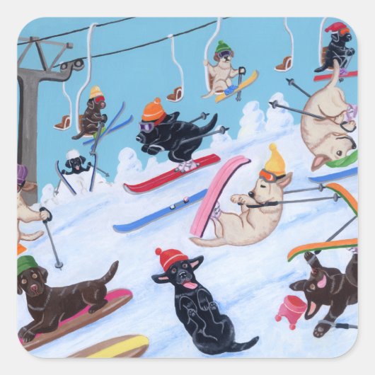 Sticker Carré Hiver Fun Ski Labradors Peinture (Devant)