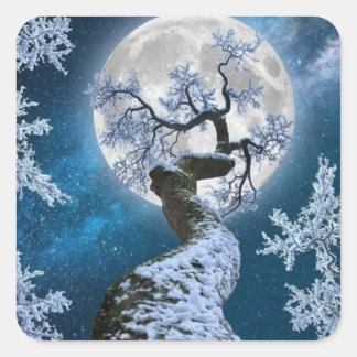 Sticker Carré hiver neige forêt pleine lune