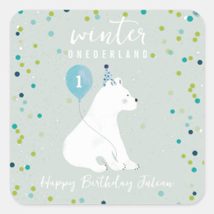 Sticker Carré Hiver Onederland Bleu Anniversaire Ours Polaire Ne