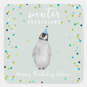 Sticker Carré Hiver Onederland Blue Anniversaire Penguin Confett