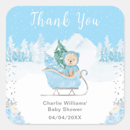 Sticker Carré Hiver Ours Bleu Baby shower coudre Merci (Devant)