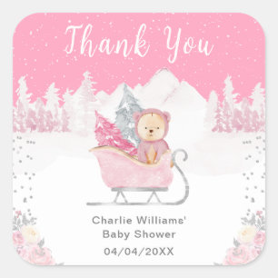 Sticker Carré Hiver Ours rose Baby shower de traîneau Merci