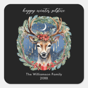 Sticker Carré Hiver Solstice vacances Deer Wreath Yule Noël