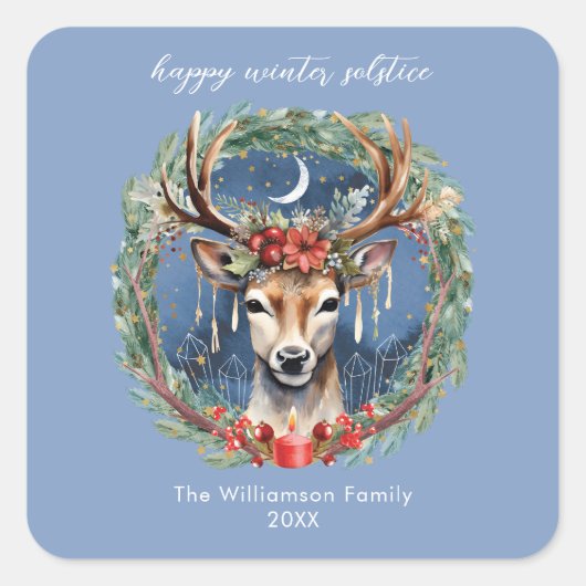 Sticker Carré Hiver Solstice vacances Deer Wreath Yule Noël (Devant)