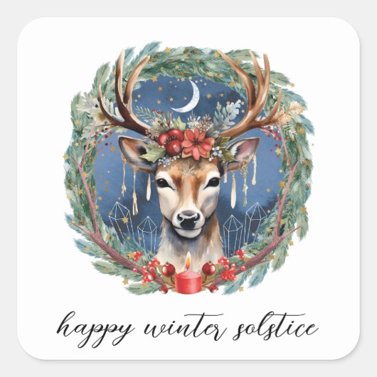 Sticker Carré Hiver Solstice vacances Deer Wreath Yule Noël (Devant)
