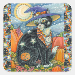STICKER CARRÉ HOCUS POCUS NOIR CAT WITCH & MOUSE HALLOWEEN