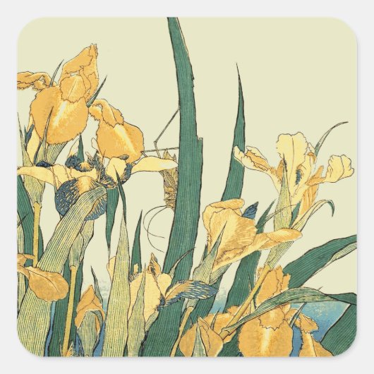 Sticker Carré Hokusai grasshopper et iris Japon (Devant)