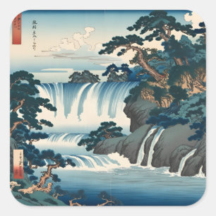 Sticker Carré Hokusai Ukiyo-e Cascade japonaise Paysage bleu