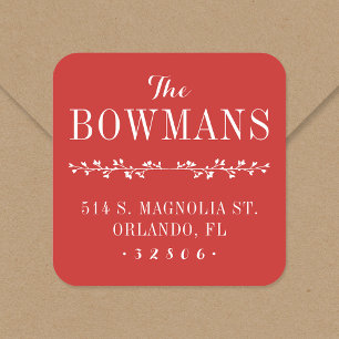 Sticker Carré Holiday Red Nom de famille Adresse de retour