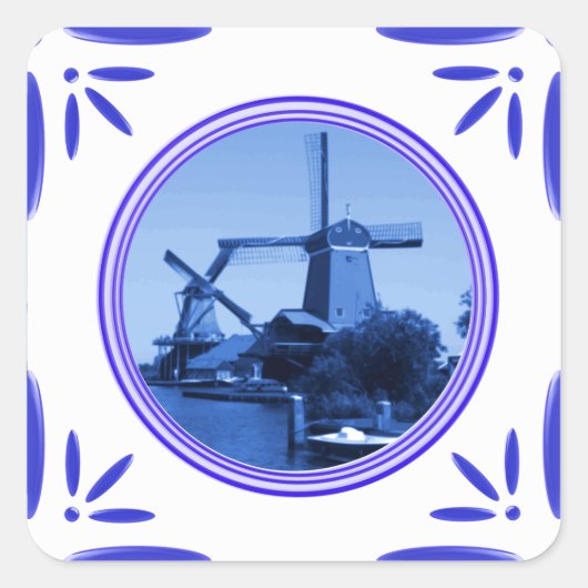 Sticker Carré Holland Windmills Delft-Blue-Tile-Look imprimé (Devant)