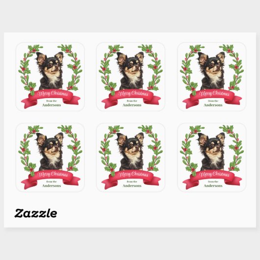 Sticker Carré Holly Banner Black Tan Chihuahua Chien Noël (Feuille)