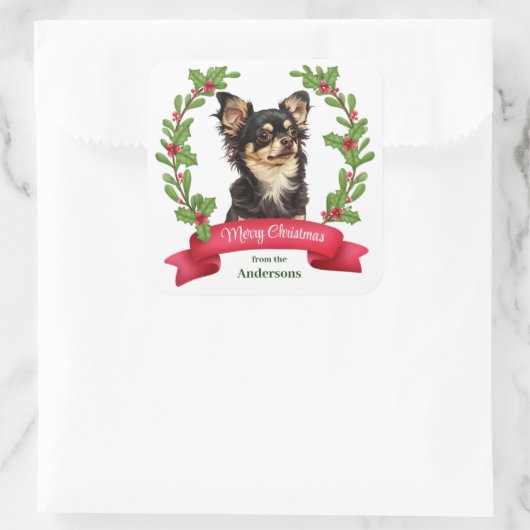 Sticker Carré Holly Banner Black Tan Chihuahua Chien Noël (Sac)