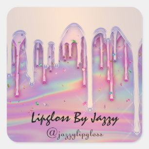Sticker Carré Holographe Lipgloss maquillage rose gouttes