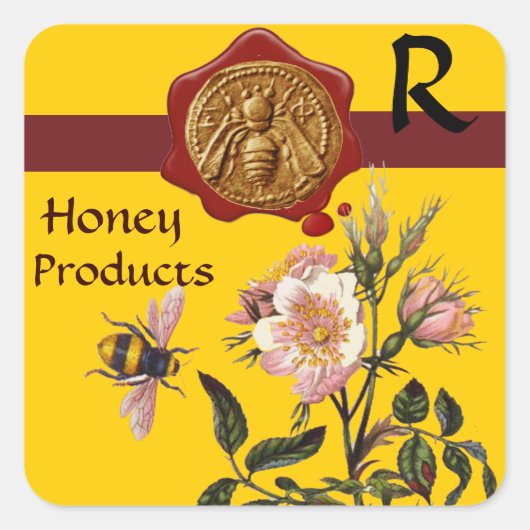 STICKER CARRÉ HONEY BEE AND WILD ROSES, BEEKEEPER WAX SEAL (Devant)