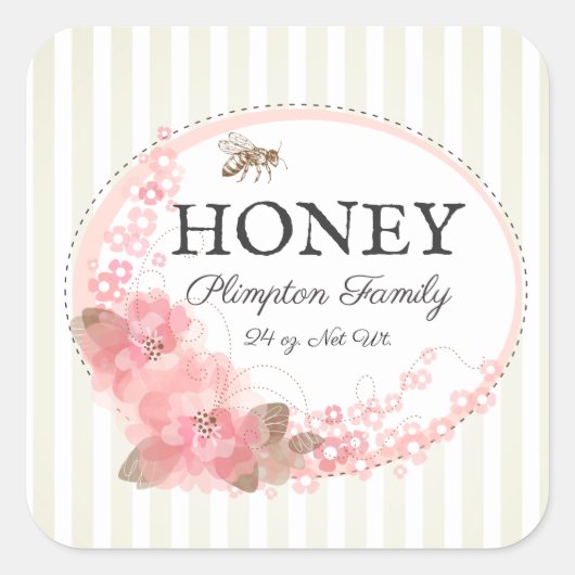 Sticker Carré Honey Bee Rustic Floral Striped Beige (Devant)