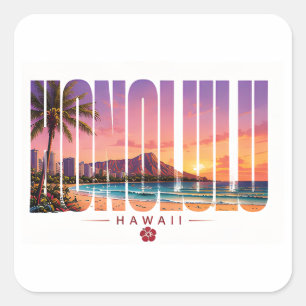 Sticker Carré Honolulu Hawaï Moderne Voyage Plage de Waikiki