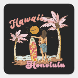 Sticker Carré Honolulu Hawaï Surf Tropical Plage