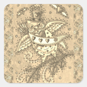 STICKER CARRÉ HOOTS BLANCS N' COEURS CUPID OWL VALENTINE