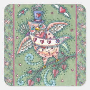 STICKER CARRÉ HOOTS BLANCS N' COEURS CUPID OWL VALENTINE