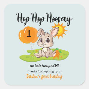 Sticker Carré Hop Hop Hooray mignonne Un lapin 1er anniversaire