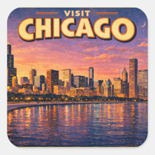 Sticker Carré Horizon de Chicago et lac Michigan au crépuscule