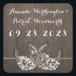 Sticker Carré Horseshoe Bébé's Breath Rustic Wedding Favor<br><div class="desc">Horseshoe Baby's Breath Rustic Wedding Favor Stickers - utilisez-les pour habiller les enveloppes, utiliser sur divers articles à votre réception et plus encore. Le design comprend un arrière - plan en bois rustique avec respiration pour bébé, des fers à cheval et une corde en forme de coeur à noeud lâche....</div>