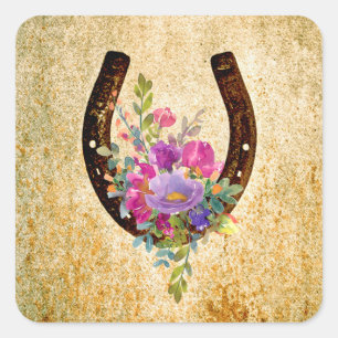 Sticker Carré Horseshoe Rustique Aquarelle Florale Bonne chance