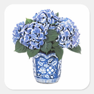 Sticker Carré Hortensias bleus dans un pot en céramique floral