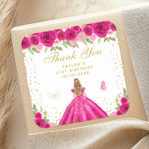 Sticker Carré Hot rose Blonde cheveux Princesse Anniversaire