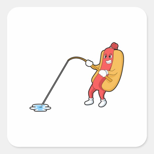 Sticker Carré Hotdog à la pêche avec bâtonnet de pêche (Devant)