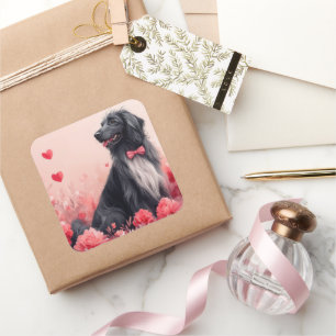 Sticker Carré Hound afghan avec Roses - Saint Valentin
